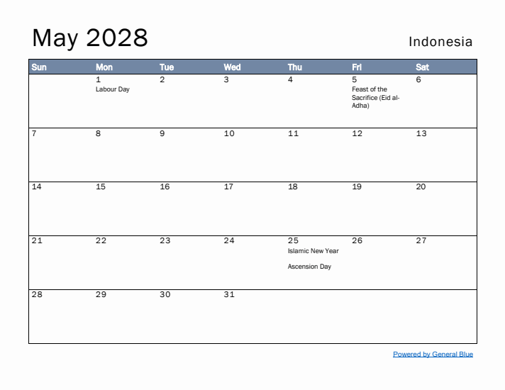 May 2028 Simple Monthly Calendar for Indonesia