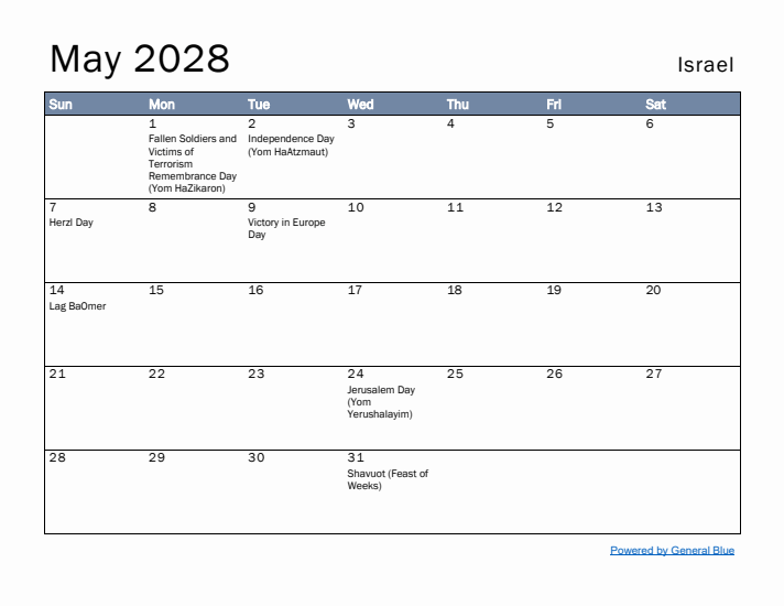 May 2028 Simple Monthly Calendar for Israel