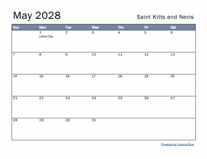 May 2028 Simple Monthly Calendar for Saint Kitts and Nevis