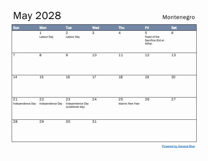 May 2028 Simple Monthly Calendar for Montenegro