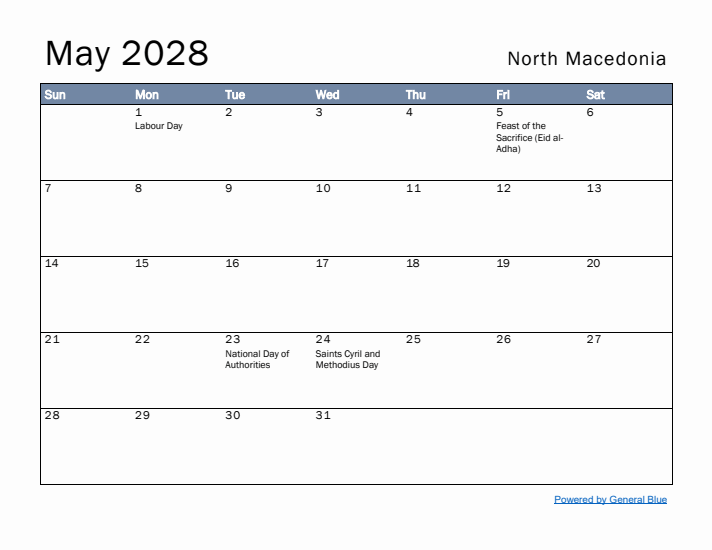 May 2028 Simple Monthly Calendar for North Macedonia