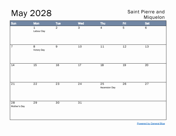 May 2028 Simple Monthly Calendar for Saint Pierre and Miquelon