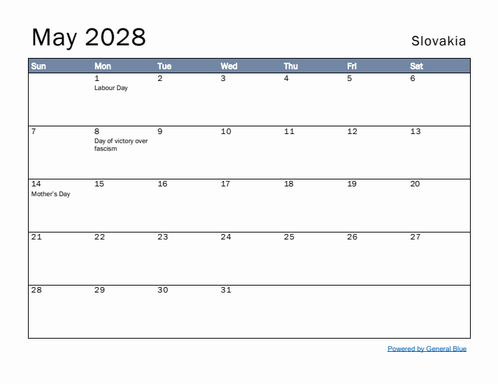 May 2028 Simple Monthly Calendar for Slovakia
