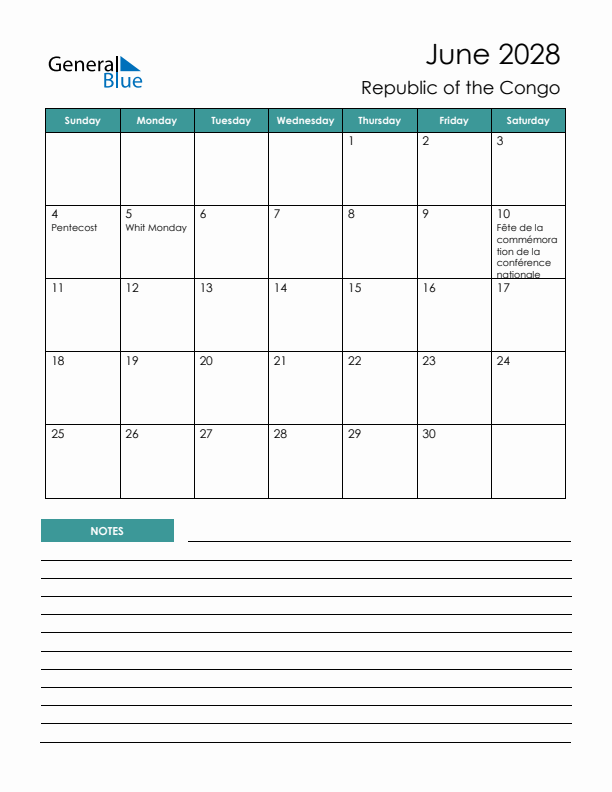Calendar with Notes Printable - Sunday Start