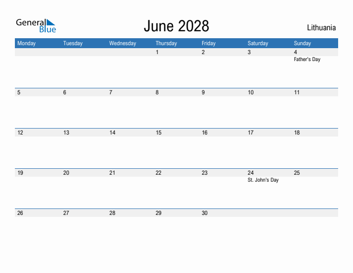 Fillable June 2028 Calendar