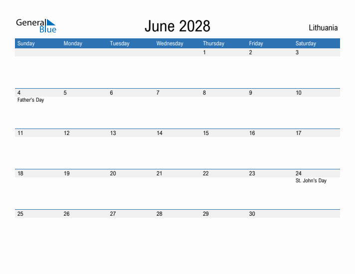 Fillable June 2028 Calendar