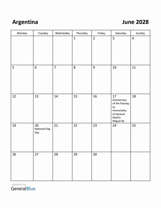 June 2028 Calendar with Argentina Holidays