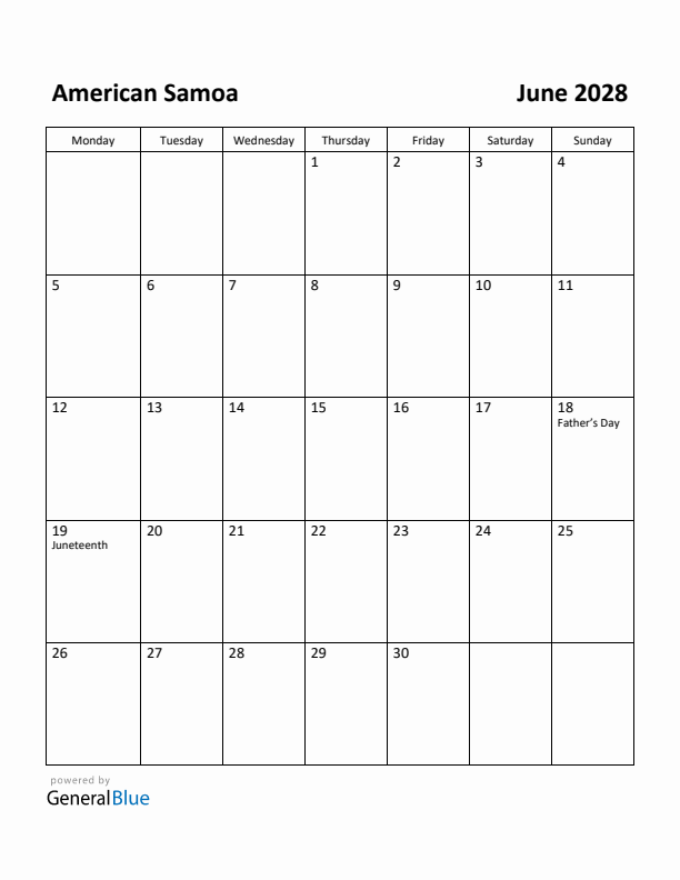 June 2028 Calendar with American Samoa Holidays
