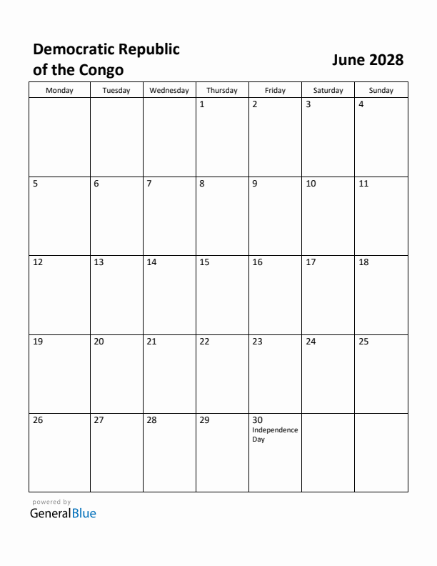 June 2028 Calendar with Democratic Republic of the Congo Holidays
