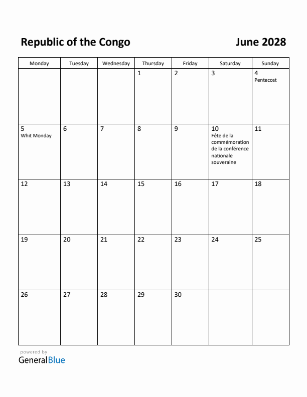 June 2028 Calendar with Republic of the Congo Holidays