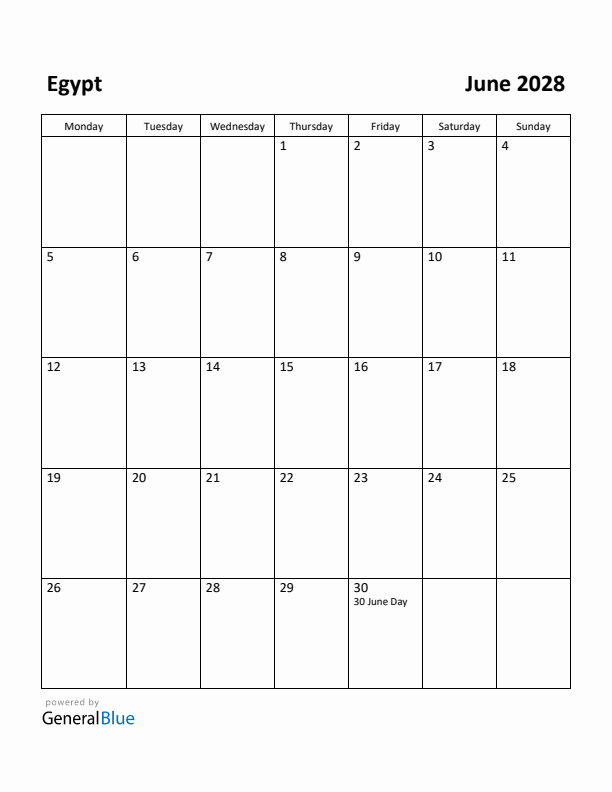 June 2028 Calendar with Egypt Holidays