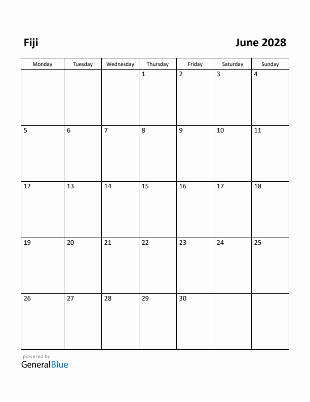June 2028 Calendar with Fiji Holidays