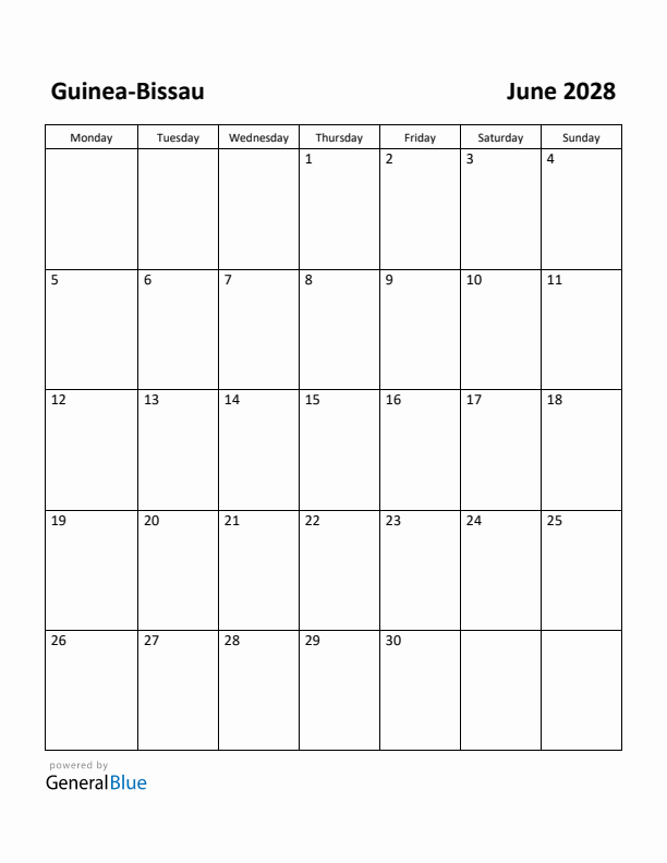 June 2028 Calendar with Guinea-Bissau Holidays