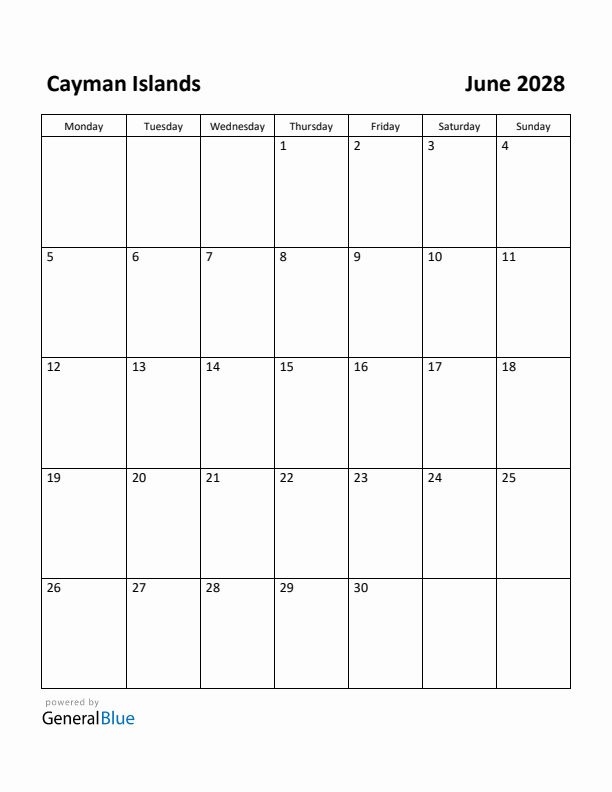 June 2028 Calendar with Cayman Islands Holidays