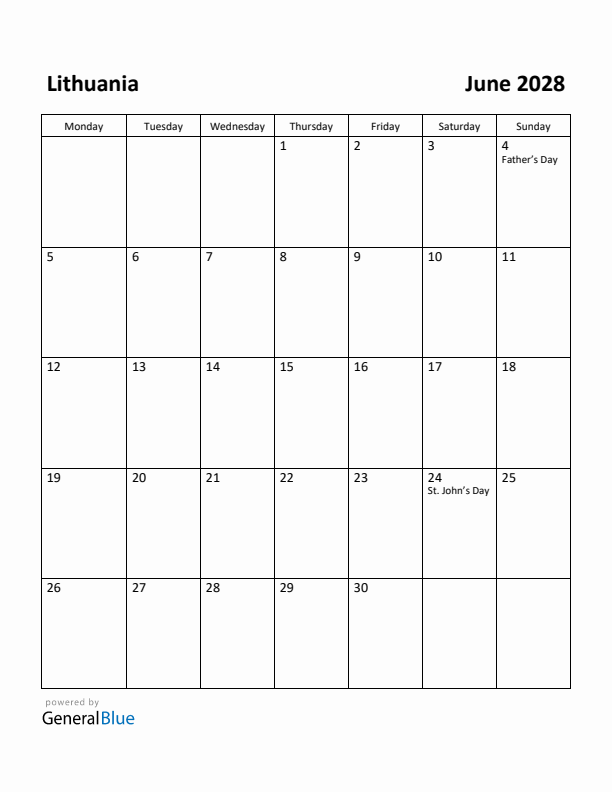 June 2028 Calendar with Lithuania Holidays
