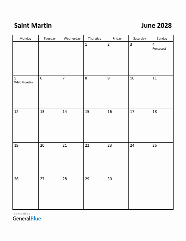 June 2028 Calendar with Saint Martin Holidays