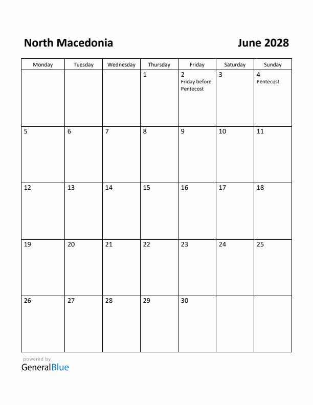 June 2028 Calendar with North Macedonia Holidays