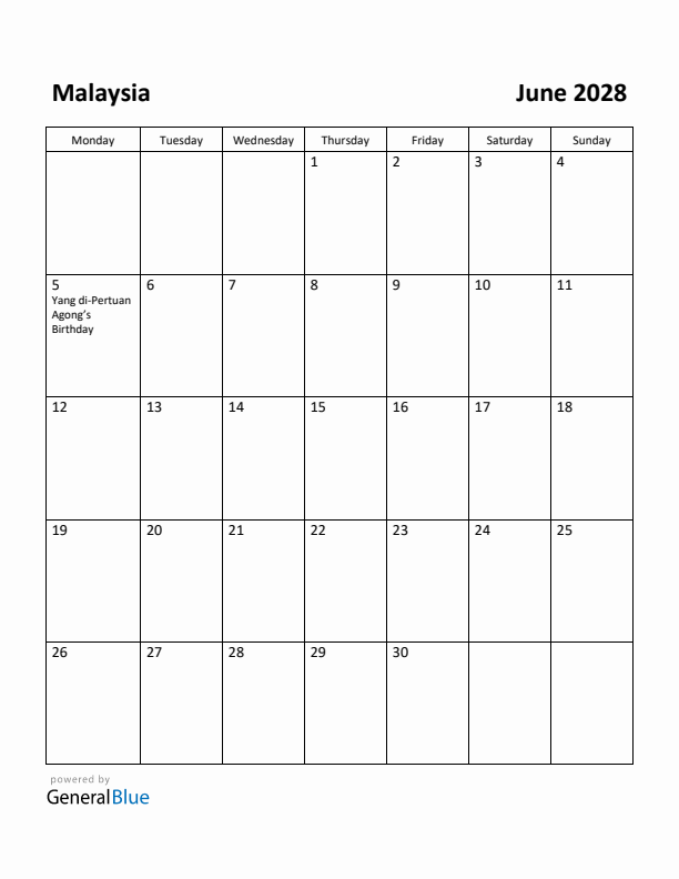 June 2028 Calendar with Malaysia Holidays