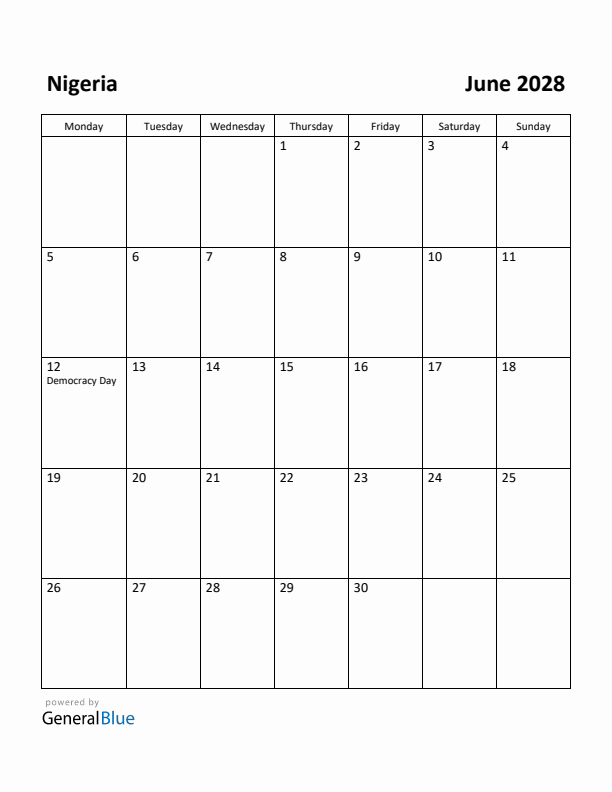 June 2028 Calendar with Nigeria Holidays