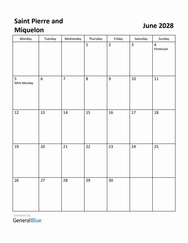 June 2028 Calendar with Saint Pierre and Miquelon Holidays
