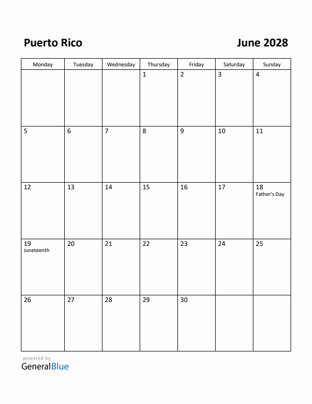 June 2028 Calendar with Puerto Rico Holidays