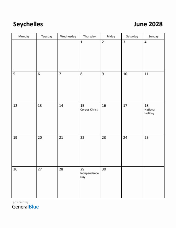June 2028 Calendar with Seychelles Holidays