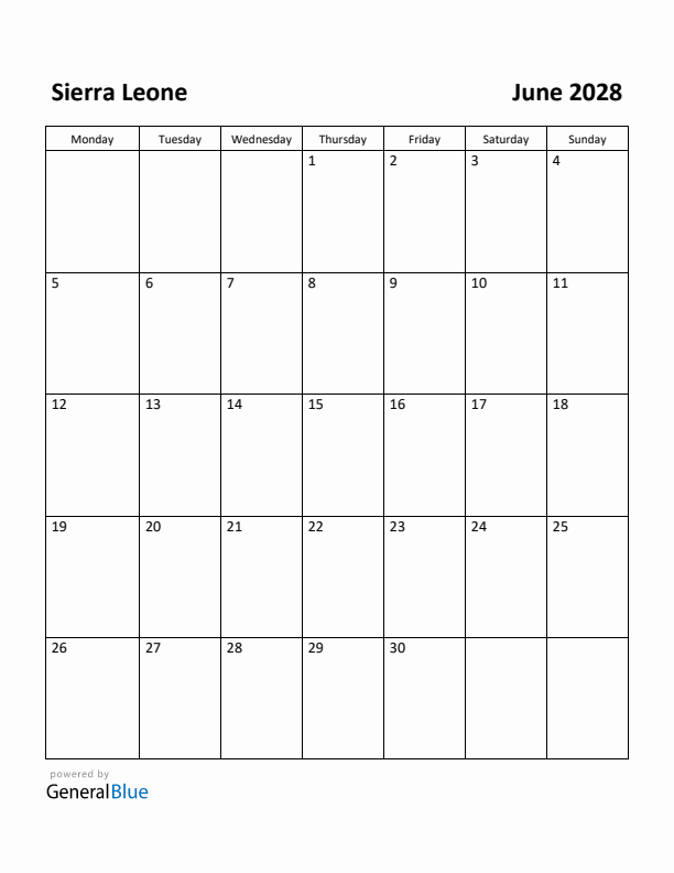 June 2028 Calendar with Sierra Leone Holidays