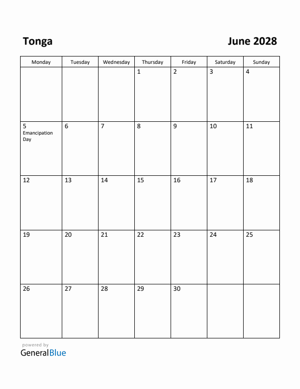 June 2028 Calendar with Tonga Holidays