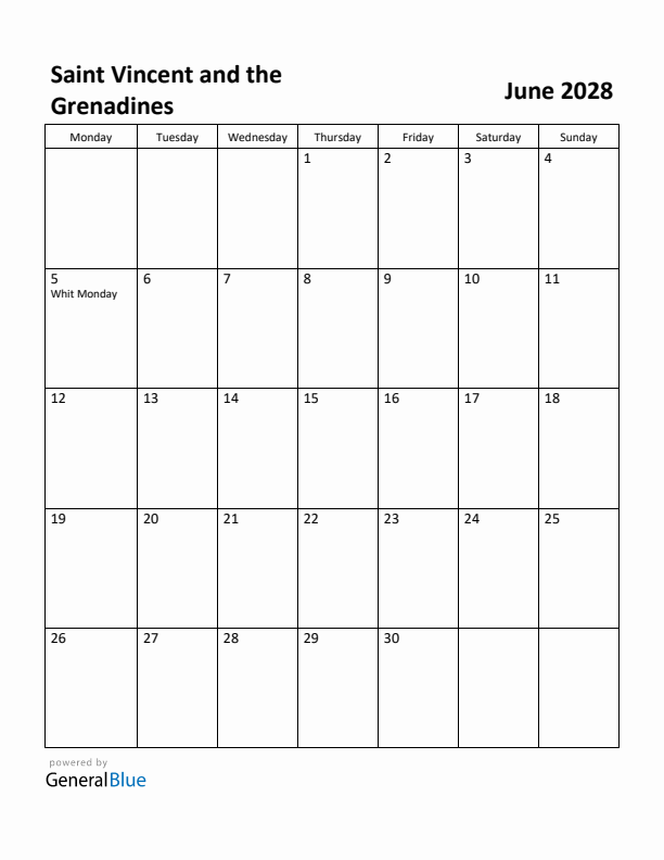 June 2028 Calendar with Saint Vincent and the Grenadines Holidays