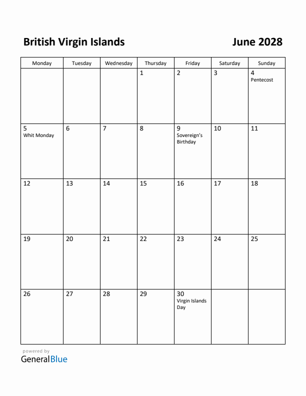 June 2028 Calendar with British Virgin Islands Holidays