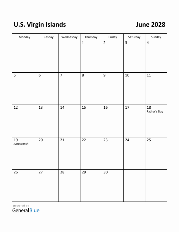 June 2028 Calendar with U.S. Virgin Islands Holidays