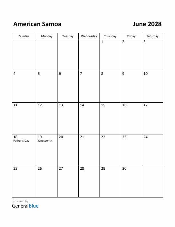 June 2028 Calendar with American Samoa Holidays