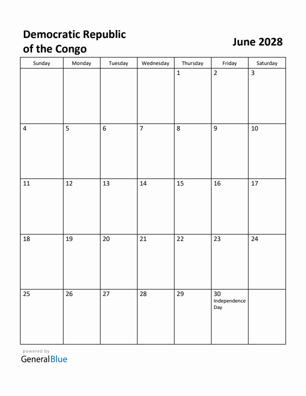 June 2028 Calendar with Democratic Republic of the Congo Holidays