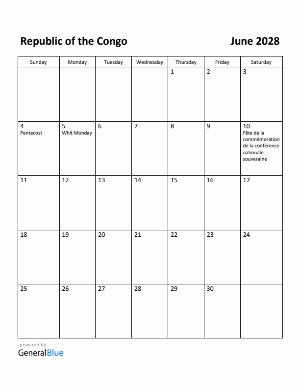 June 2028 Calendar with Republic of the Congo Holidays