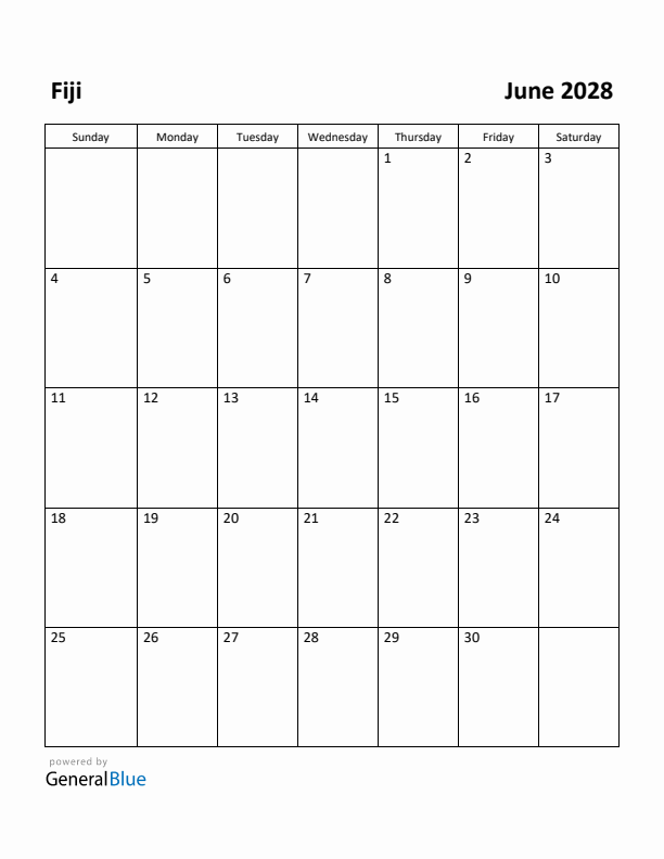 June 2028 Calendar with Fiji Holidays