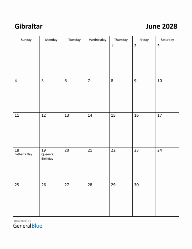 June 2028 Calendar with Gibraltar Holidays