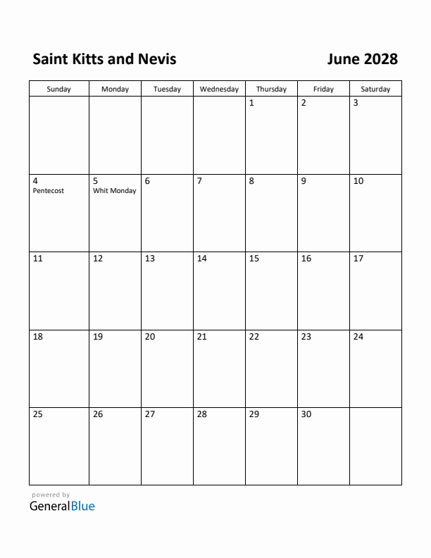 June 2028 Calendar with Saint Kitts and Nevis Holidays