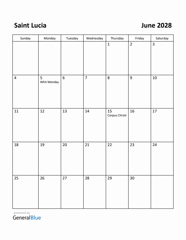 June 2028 Calendar with Saint Lucia Holidays