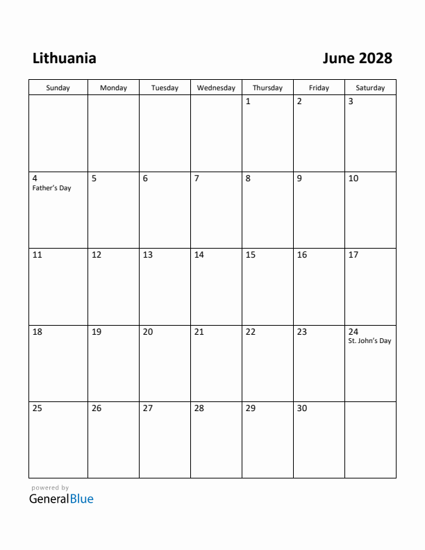 June 2028 Calendar with Lithuania Holidays