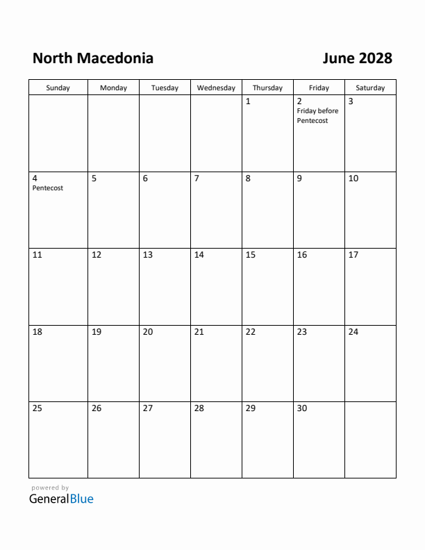 June 2028 Calendar with North Macedonia Holidays