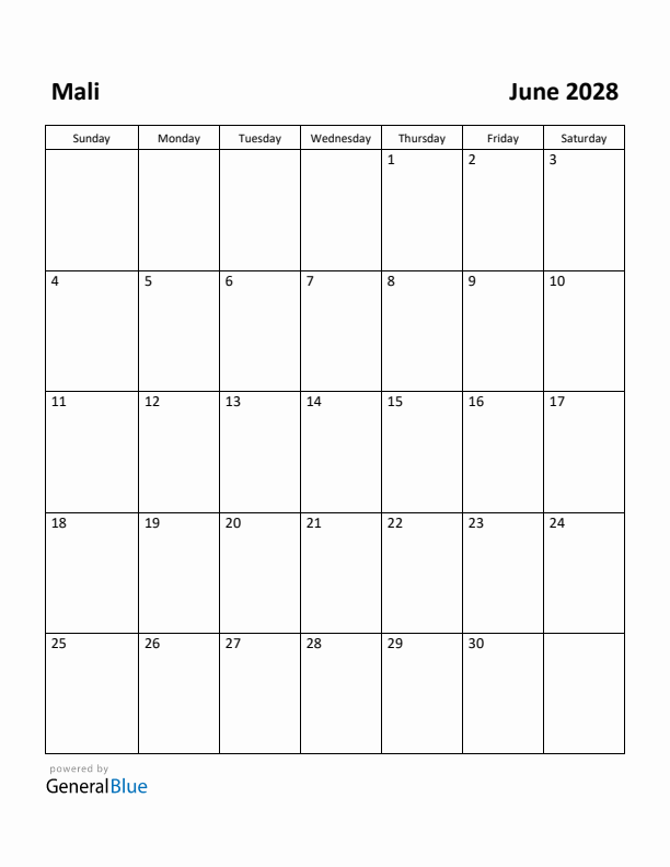 June 2028 Calendar with Mali Holidays