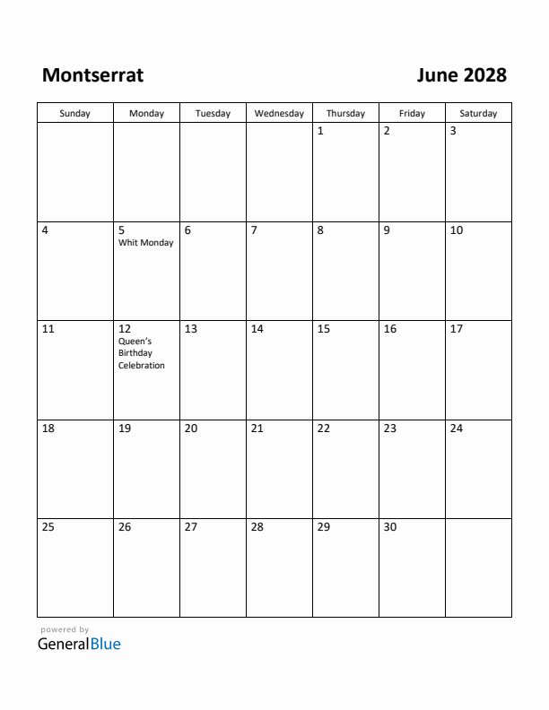 June 2028 Calendar with Montserrat Holidays