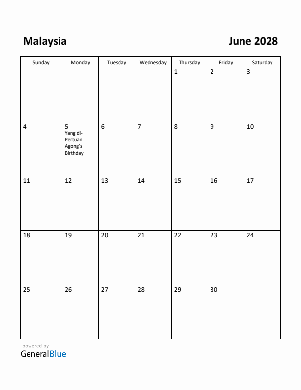 June 2028 Calendar with Malaysia Holidays