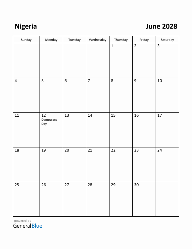 June 2028 Calendar with Nigeria Holidays