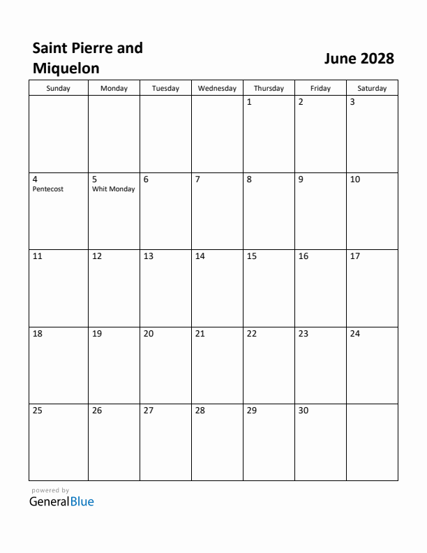 June 2028 Calendar with Saint Pierre and Miquelon Holidays