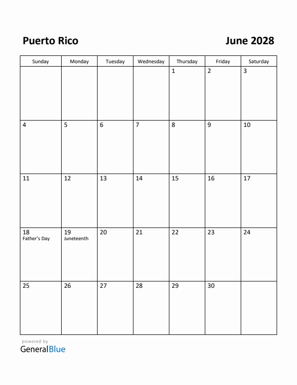 June 2028 Calendar with Puerto Rico Holidays