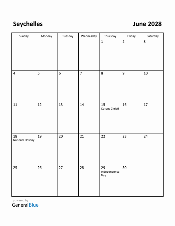 June 2028 Calendar with Seychelles Holidays