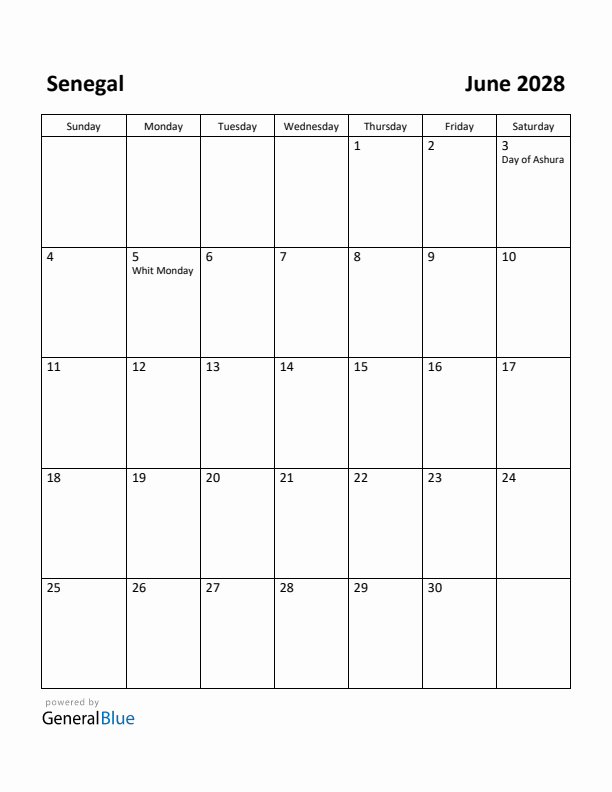June 2028 Calendar with Senegal Holidays