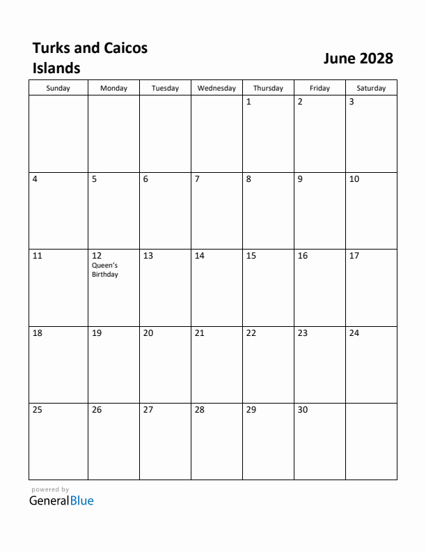 June 2028 Calendar with Turks and Caicos Islands Holidays