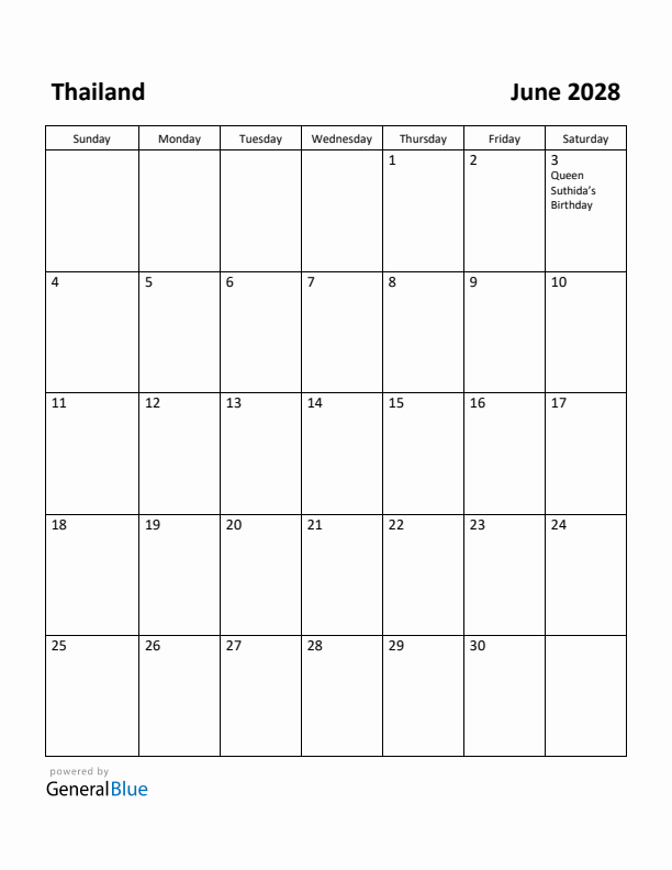 June 2028 Calendar with Thailand Holidays